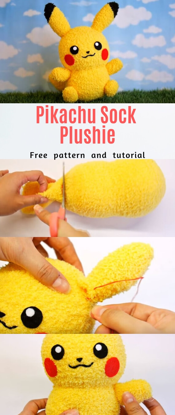 DIY Pikachu Sock Plushie stitchandsewcraft.com #stitchandsewcraft #freesewing #pikachuplushie #freesewingtutorial 
